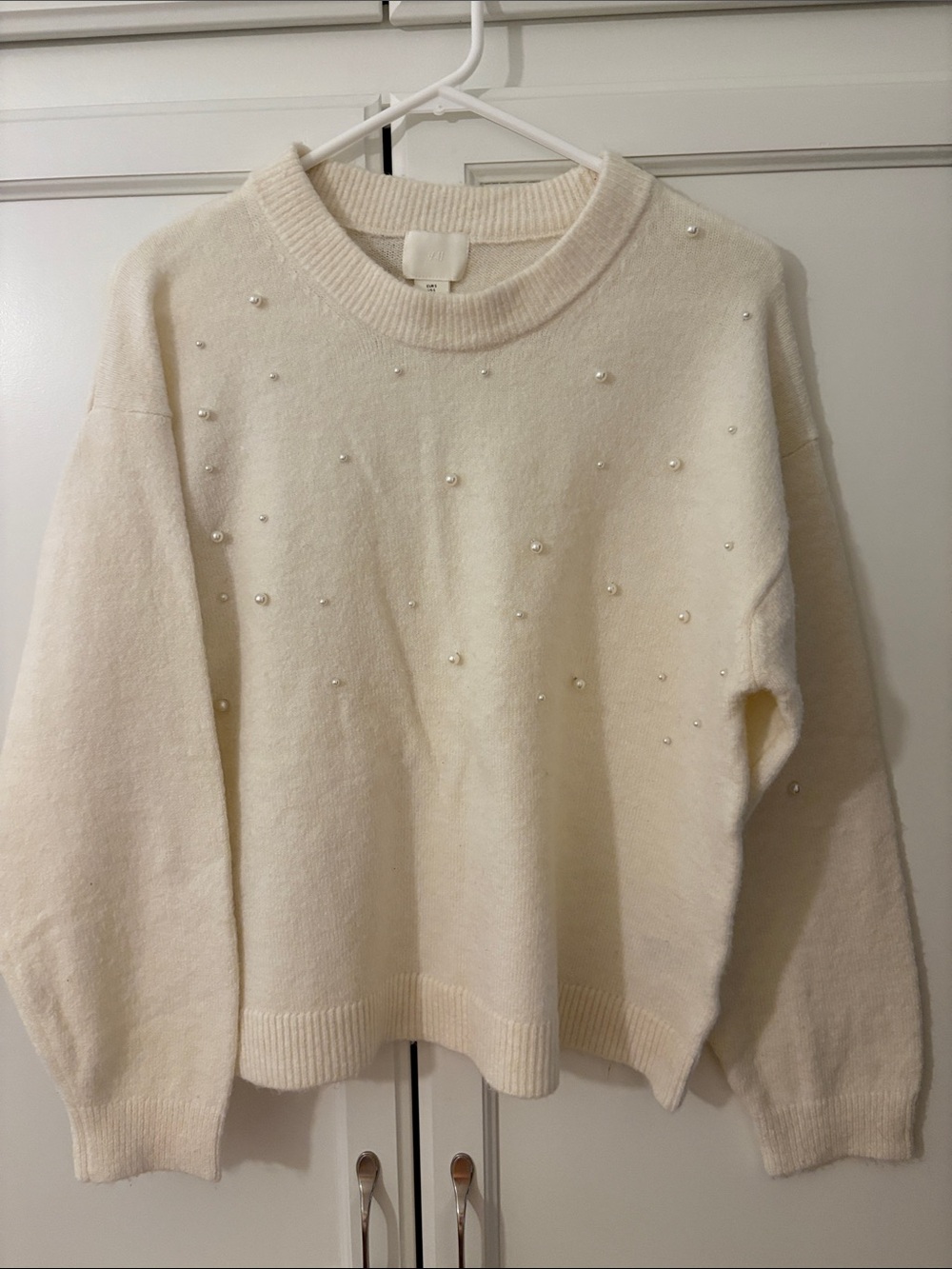 H&M Cream Crewneck Sweater with Pearl Accents